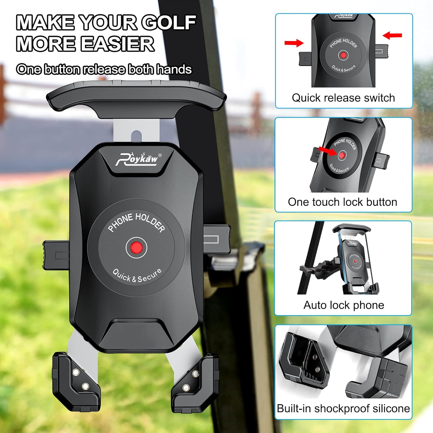 Roykaw Golf Cart Phone Mount Holder Compatible with EZGO/Club Car/Yamaha, Quick Release & One-Touch Lock/One-Handed Pick and Place, Compatible with iPhone 14/Galaxy/Google Pixel/Fits 4.7"-6.8"