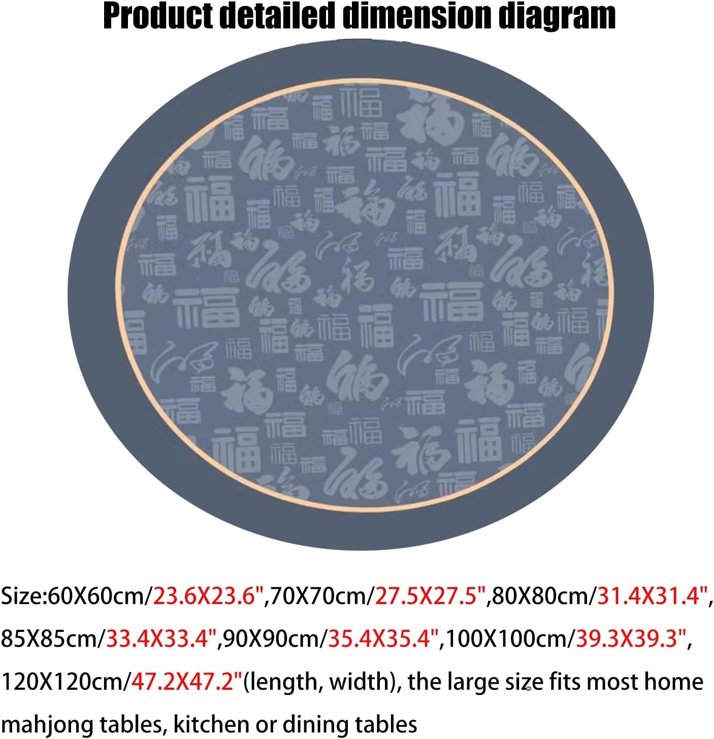 Round Mahjong Mat Dining Table Mat Round Table Top Protective Mat with Black Handbag(Blue,39.3X39.3)