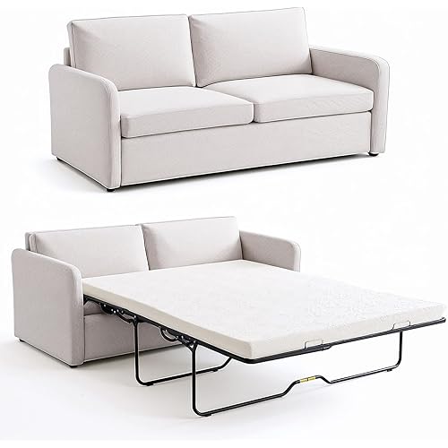 Queen Pull Out Sofa Bed, 2-in-1 Convertible Sleeper Sofa Couch with Memory Foam Mattress, 3-Seater Sofa Bed Queen with Arms for Living Room & Small Spaces, Beige