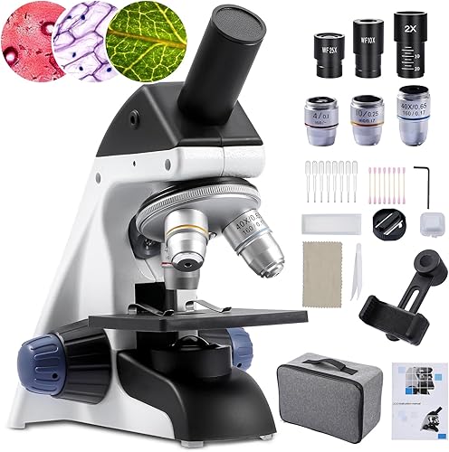 eLabPal Microscopio para adultos y niños, microscopio compuesto 40X-2000X con iluminación LED dual, juego de diapositivas de microscopio y adaptador