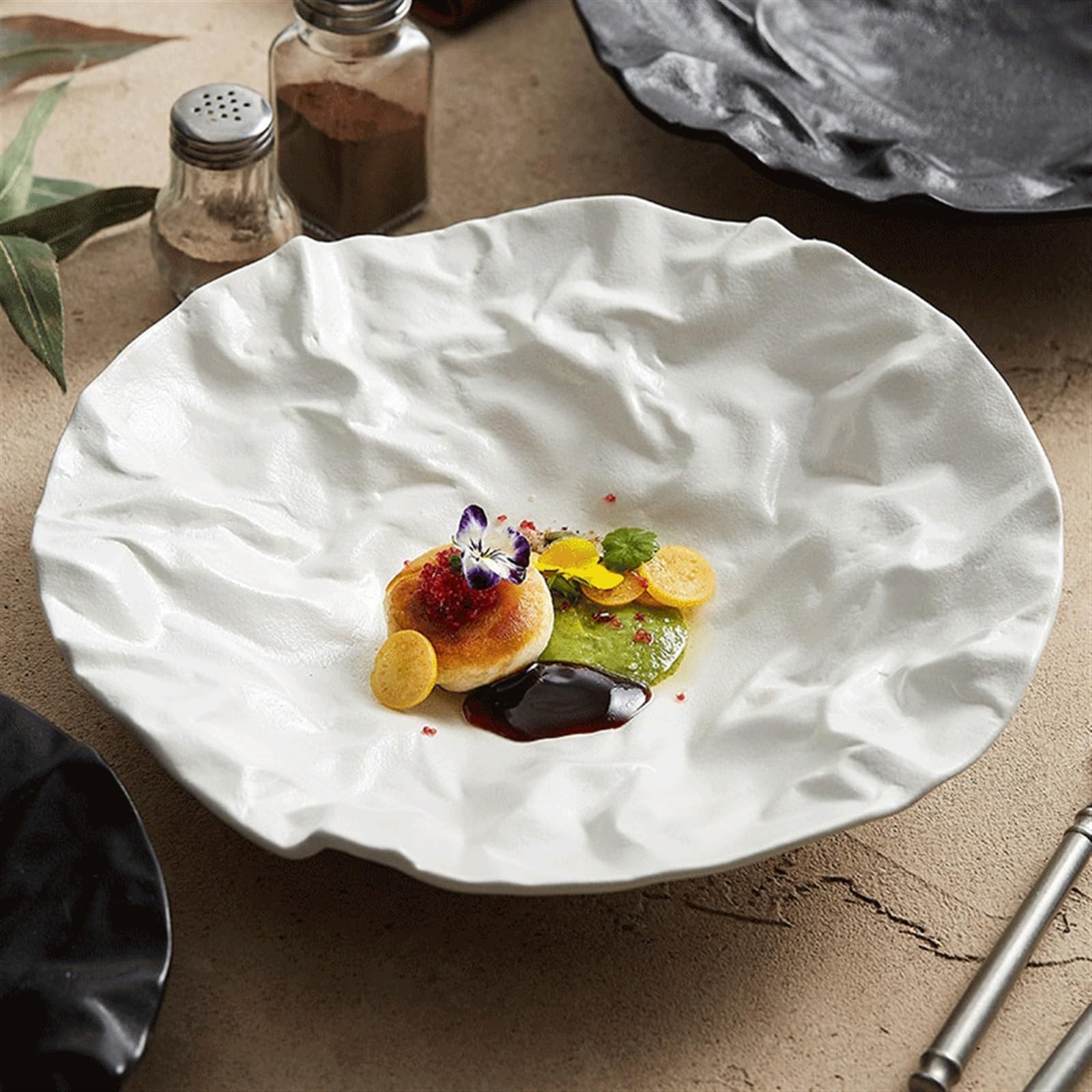 Platos Llanos Platos hondos Plegables de cerámica, vajilla de Color sólido, Plato de Fruta, Plato de Ensalada, vajilla de Calidad de cerámica for el hogar Platos Postre(Negro,9inch)