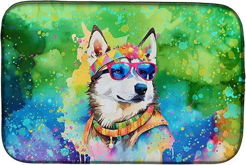 Miniatura 1 de Caroline's Treasures DAC2564DDM - Tapete de secado de platos Siberian Husky Hippie Dawg para secado de platos absorbente para encimera de cocina,