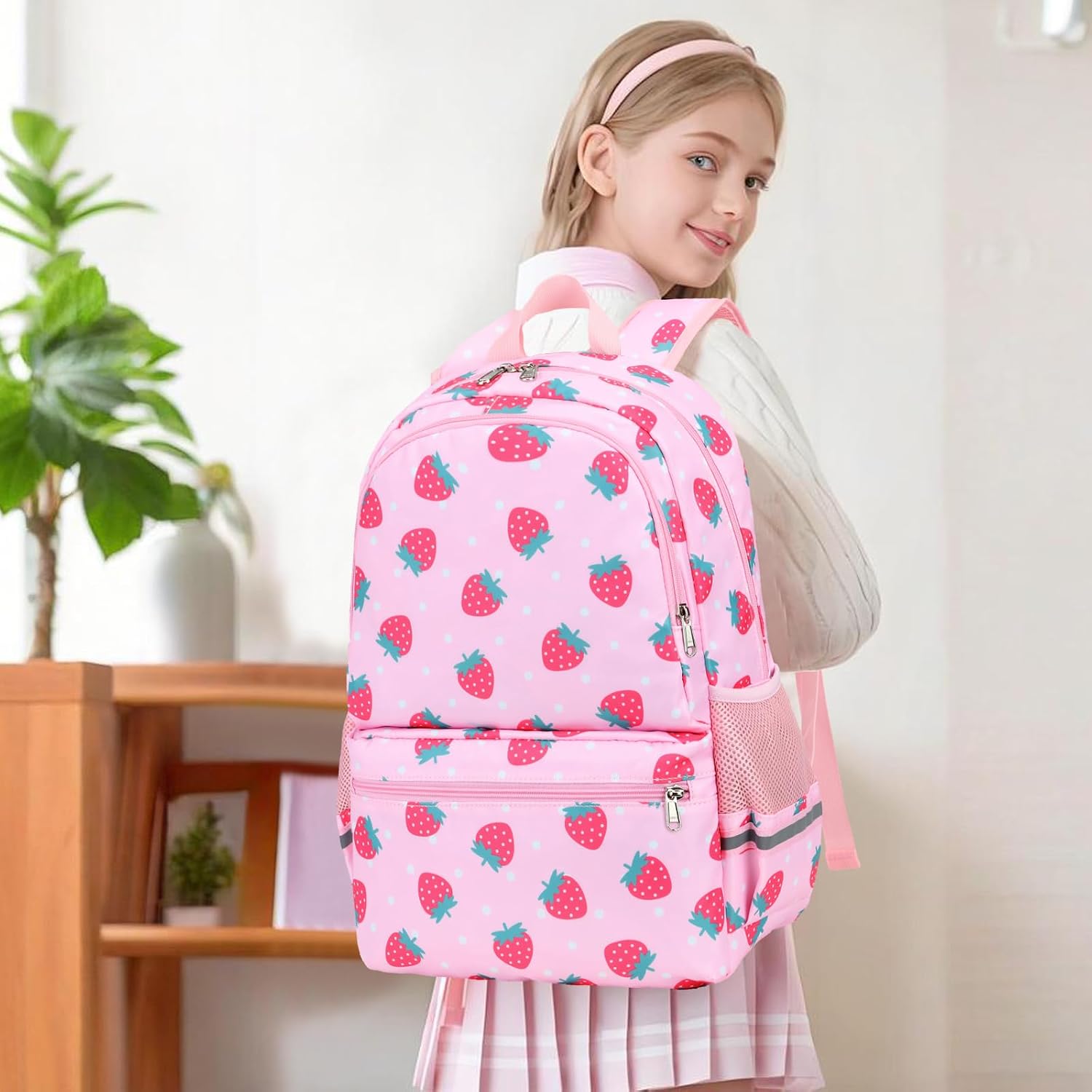 DSIUE Kids Backpack for Girls Elementary BookBags Teens School Backpack with Lunch Box Strawberry Pink