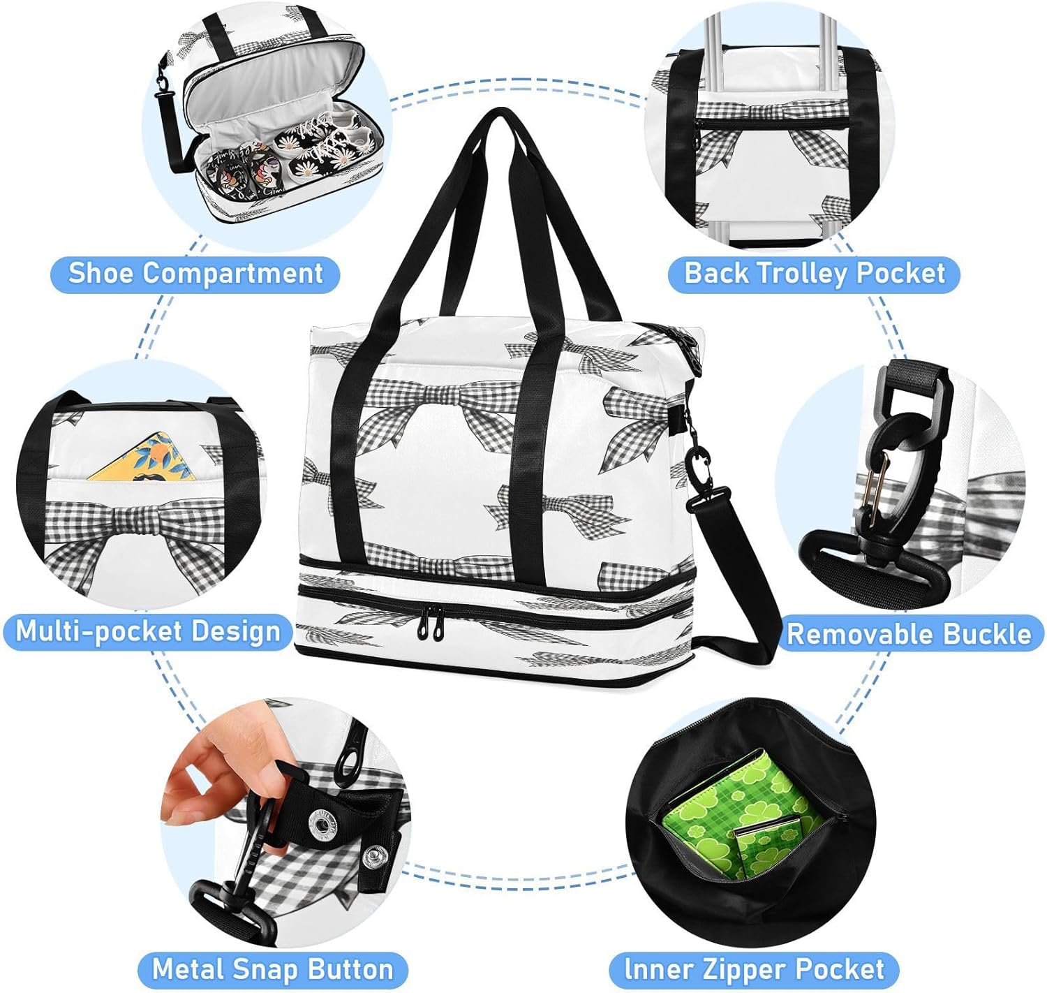 STAYTOP Black and White Gingham Bows Gym Bag for Women & Men,Waterproof Sports Travel Duffel Bag, Weekender Overnight Bag with Wet Pocket for Travel, Gym, Yoga,Swimming