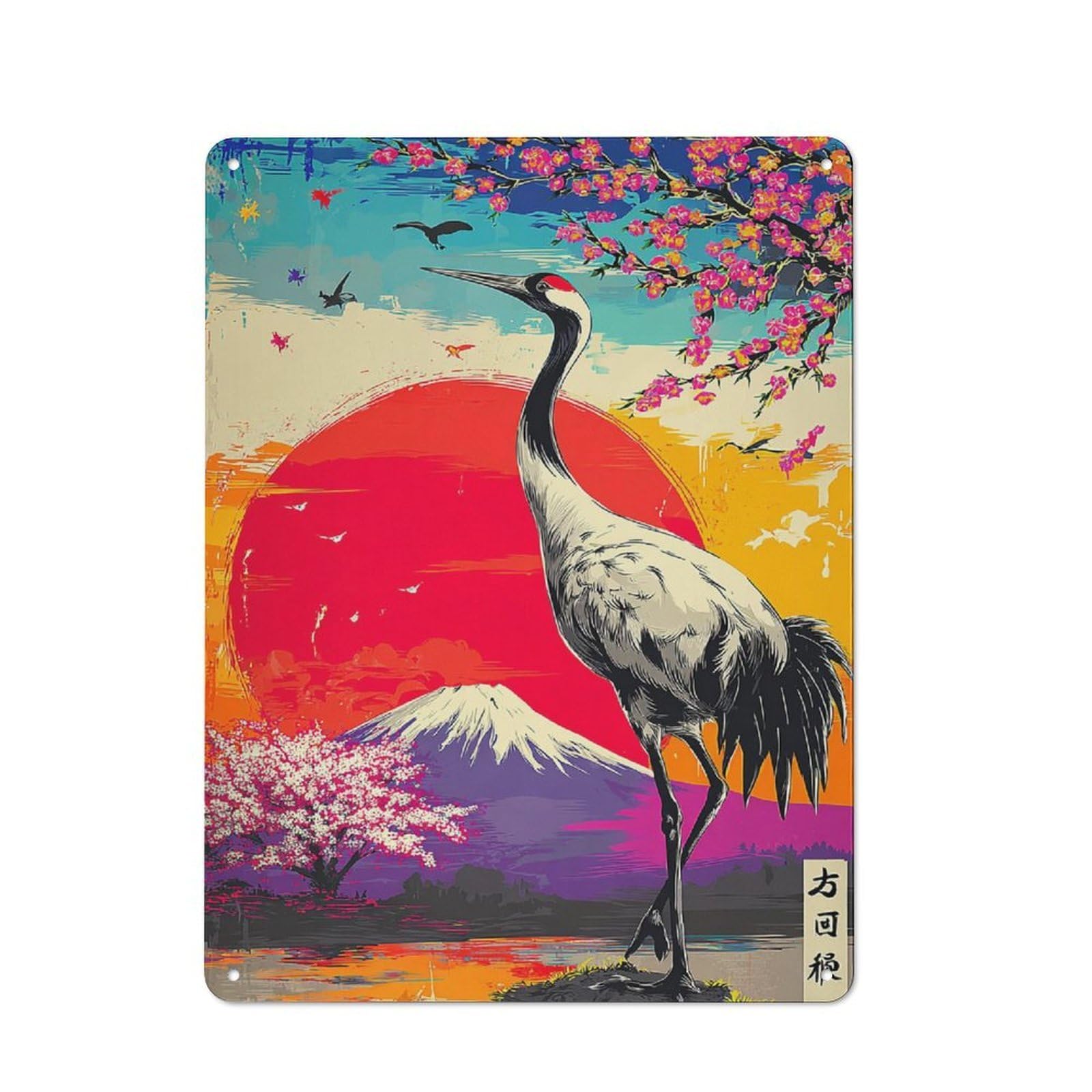 Junmoney Japanese Crane Sunset Landscape 40X30cm Retro-Style Tin Sign With For Garage Or Workshop, For Vintage Wall Decor Fans, For Metal Sign Collectors