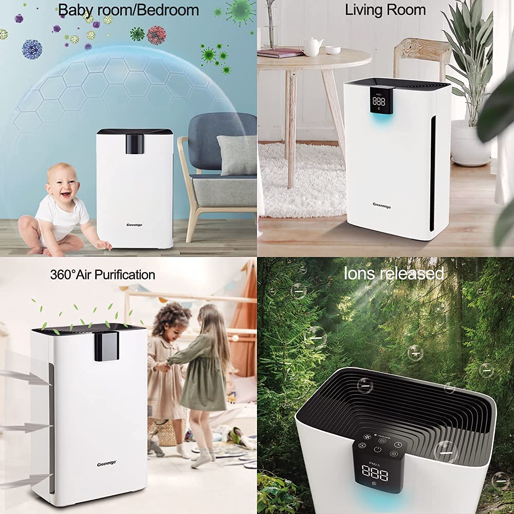 Purificatore d'Aria Silenzioso con Filtro HEPA 3 in 1 e Carbone Attivo, Ionizzatore, Timer, 60m², 320m³/h, Elimina Odori Cucina Fumo Polvere Muffa Pet Dander, per Casa Ufficio