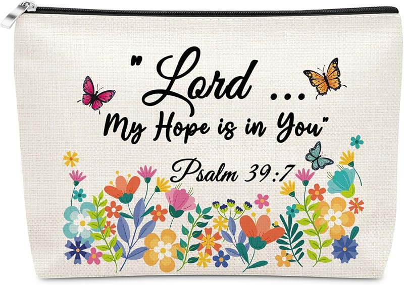 Necessaire de maquiagem Sazuwu com estampa de letras Hope (Psalm 39:7), em linho, com zíper