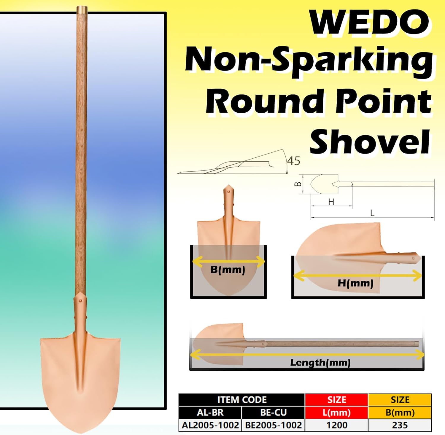 WEDO Non-Sparking Round Point Shovel with Straight Blade,Transfer Shovel,47 inch Long Wooden Handle with Bronze Hoop,Digging Tool,Beryllium Copper,Non-Magnetic,DIN Standard,BAM&FM Certificate