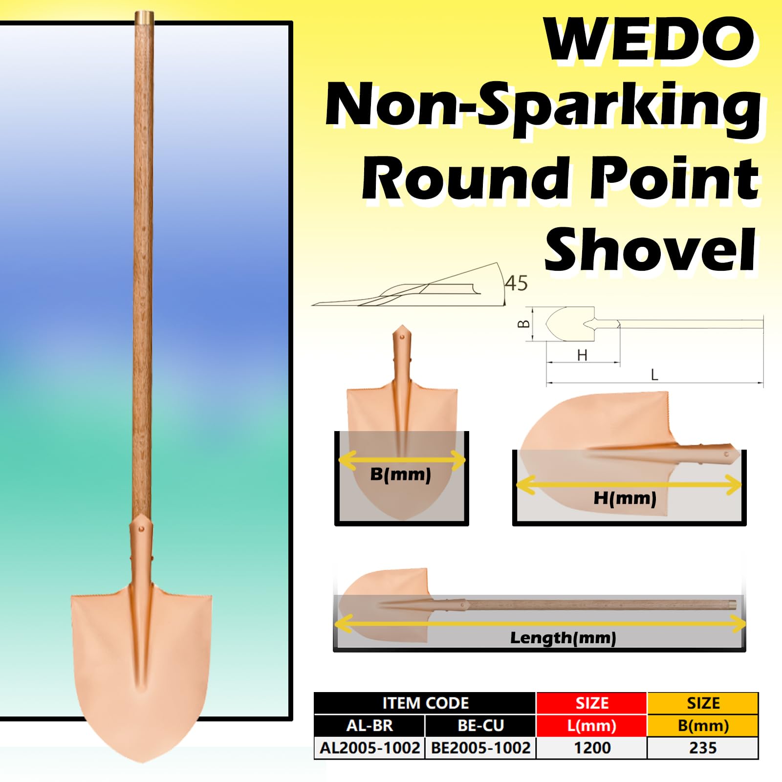 WEDO Non-Sparking Round Point Shovel with Straight Blade,Transfer Shovel,47 inch Long Wooden Handle with Bronze Hoop,Digging Tool,Beryllium Copper,Non-Magnetic,DIN Standard,BAM&FM Certificate