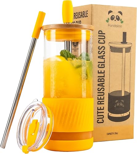 Vasos de vidrio con tapas y pajitas, 20 onzas líquidas, taza de café helado, taza para batido con tapa de bambú y tapa sobre la marcha, vaso de