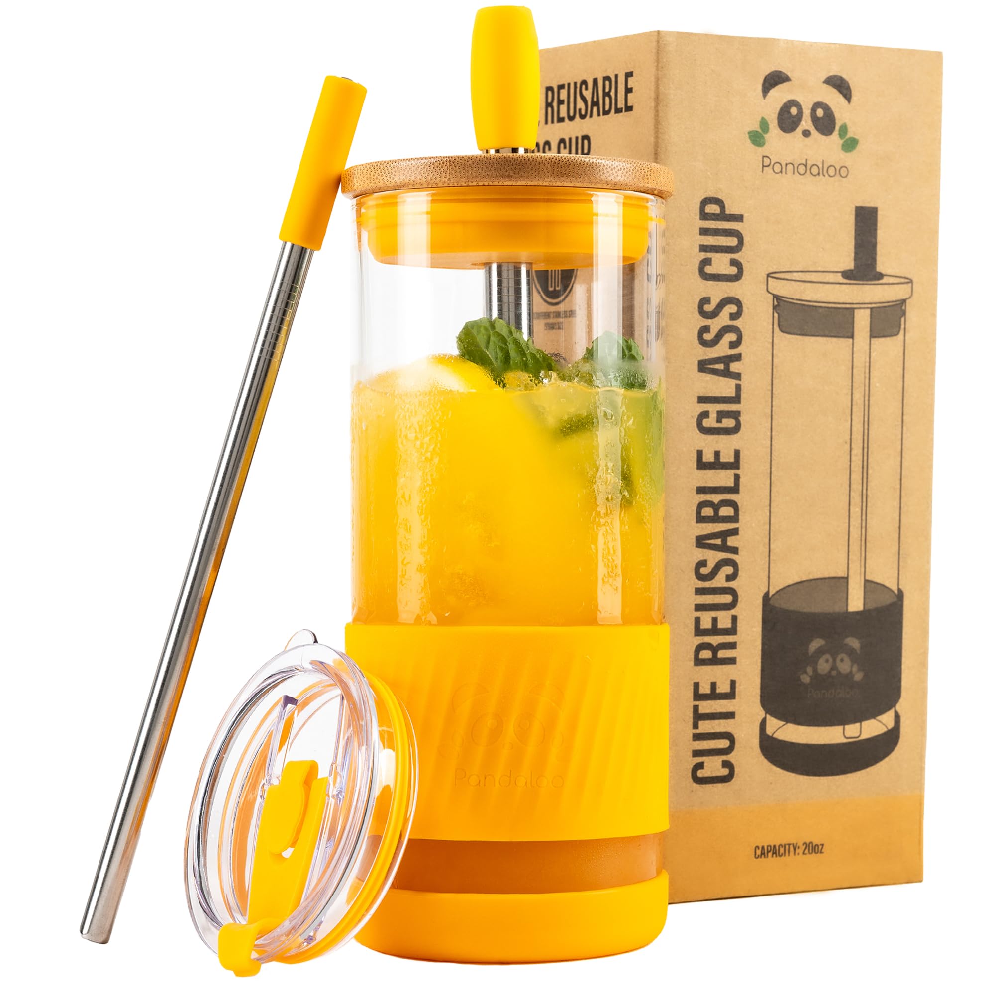 Pandaloo® Glass Cups With Lids and Straws -20 Fl Oz- Perfect Size Iced Coffee Cup - Smoothie Cup With Bamboo Lid and On the go Lid - Glass Tumbler