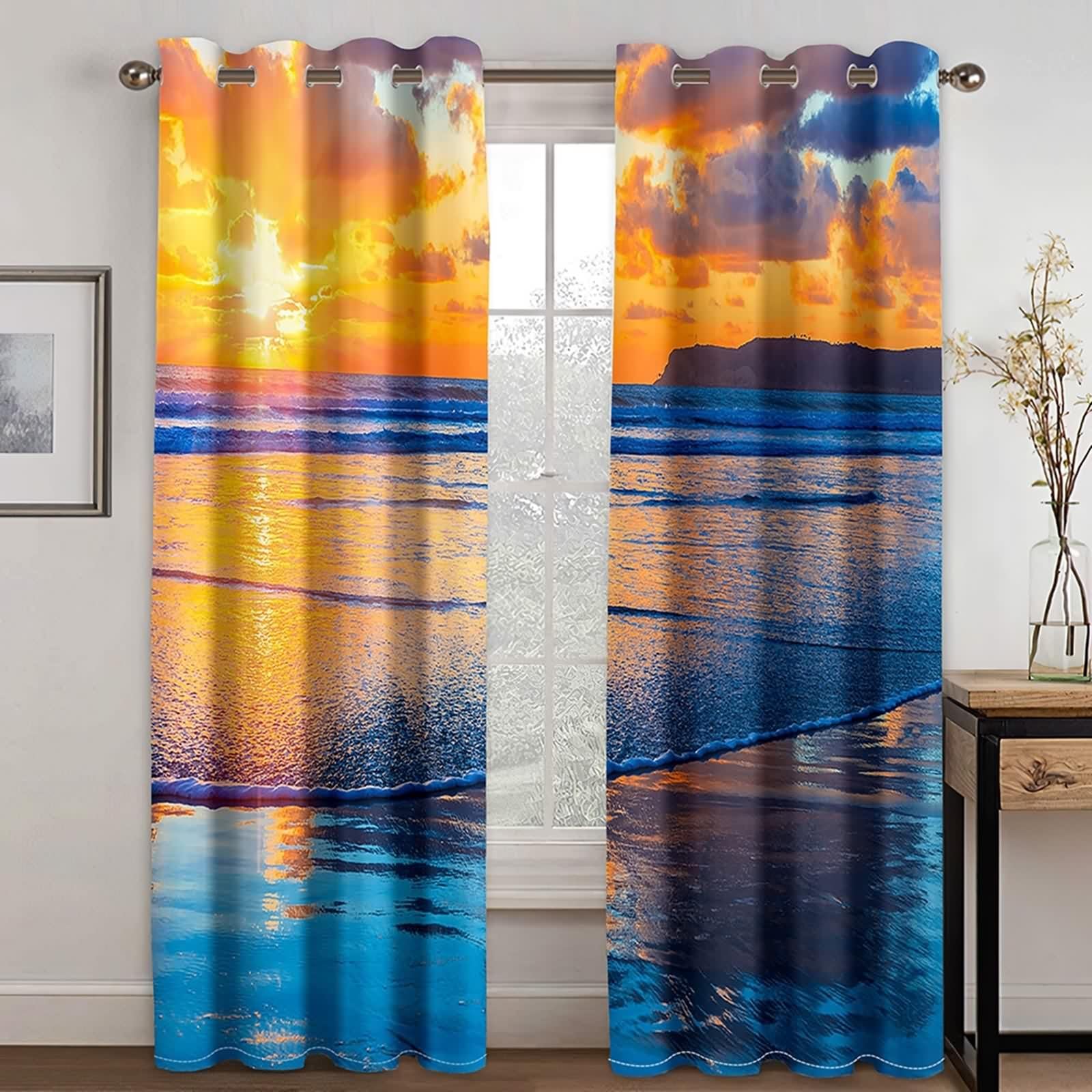 Zasłona zaciemniająca, zasłony okienne do sypialni pomarańczowy poliester zachód słońca nad morzem 132L x 183H CM Zestaw 2 szt