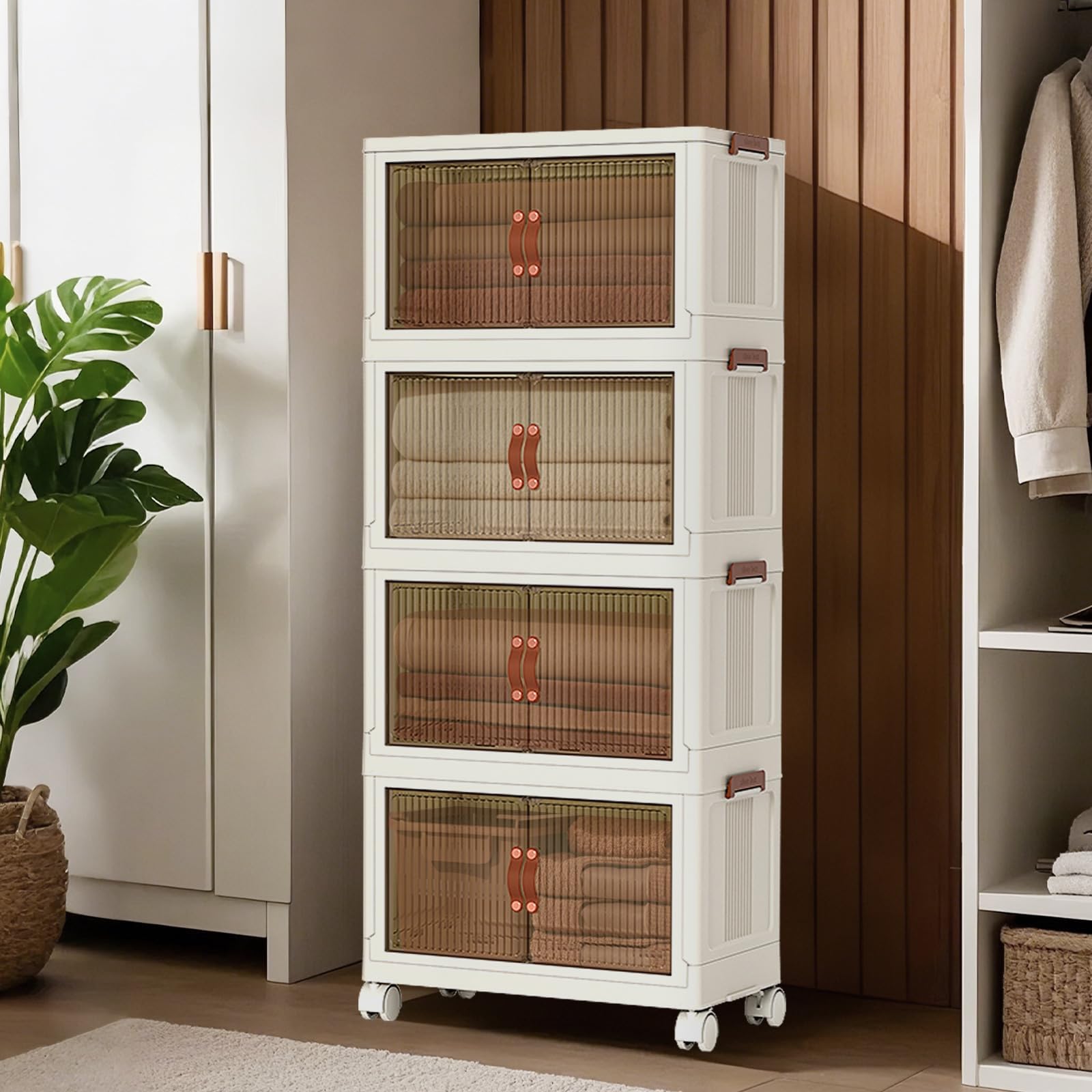 Aufbewahrungsboxen Mit Deckel, 4-Lagige Stapelbare Plastikbox Mit Rollen & 2 Öffnungsarten, Faltbare Aufbewahrungsbox Für Kleidung, Haushalt, Büro, Küche & Schlafzimmer 65x42x145.5cm