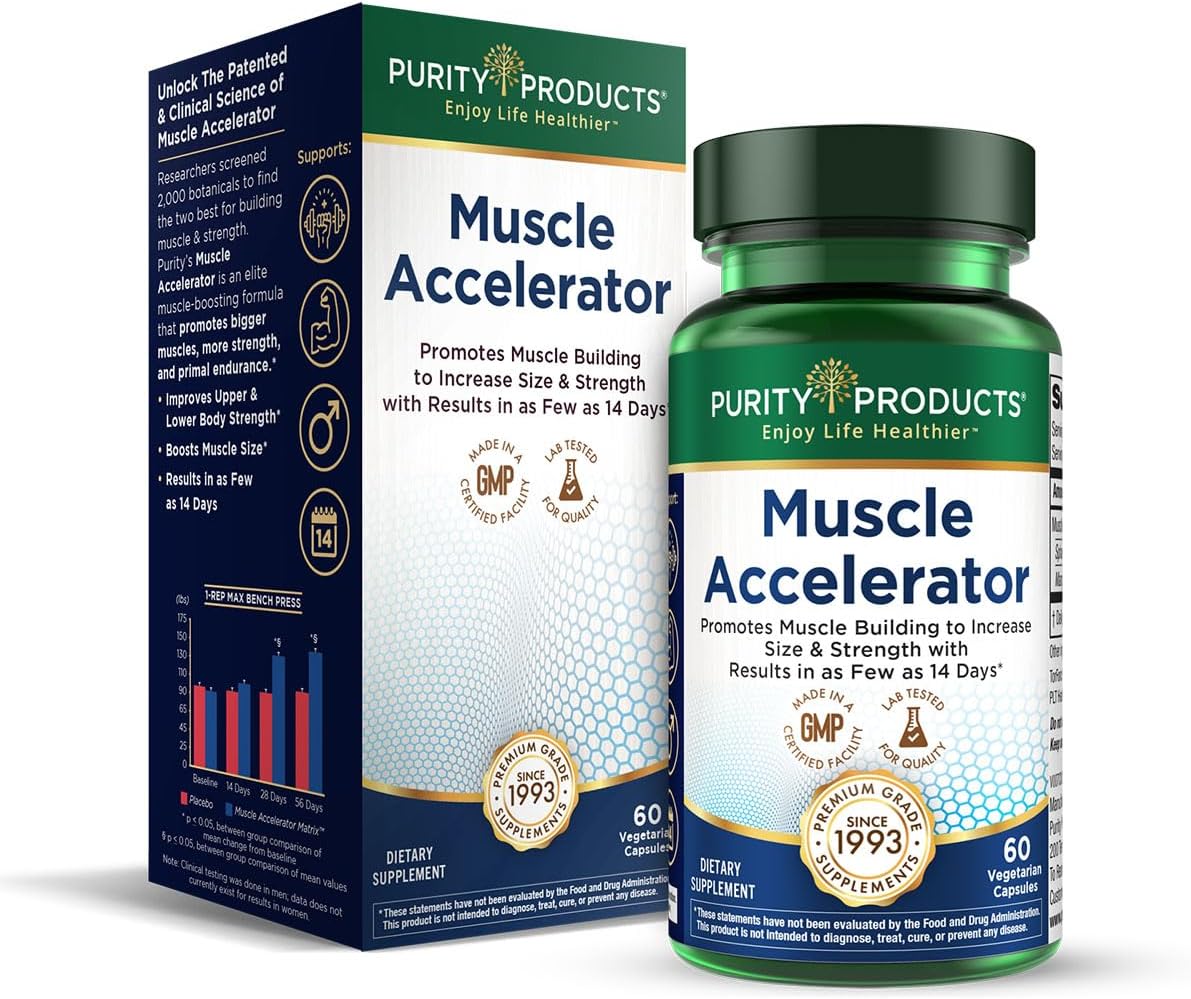 Purity Products Muscle Accelerator 650 mg Patented & Clinically Tested Muscle Accelerator Blend of Ayurvedic Herbal Extracts Promotes Strength, Endurance + Muscle Growth - 60 Veg Caps
