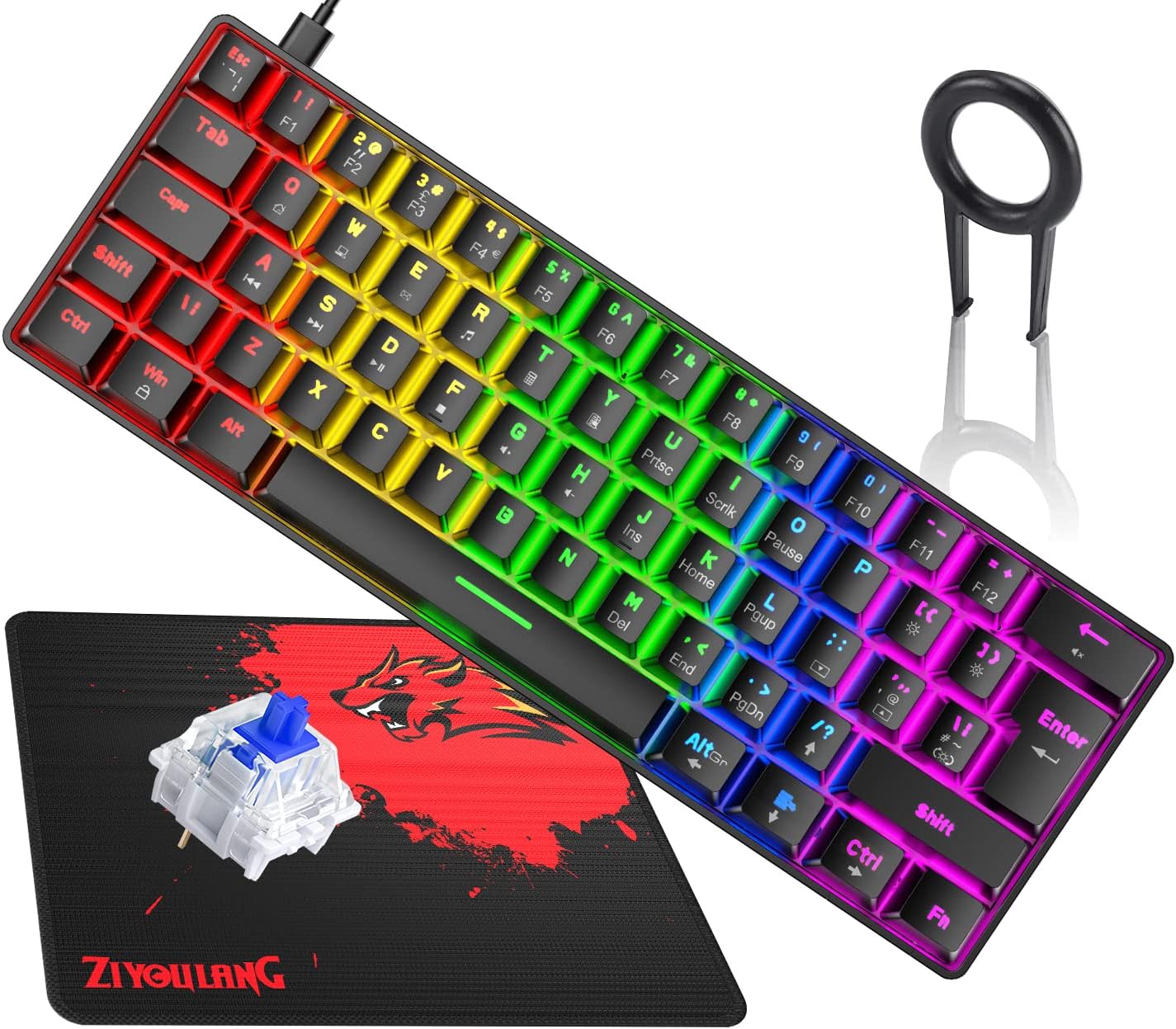 60% True Mechanical Gaming Keyboard Ultra-compact with 20 Rainbow Backlit Type C Wired Programmable 62 Keys Tactile Blue Switch Waterproof Non-Conflict and Gaming Mouse Pad for PC/Laptop/PS5(Black)
