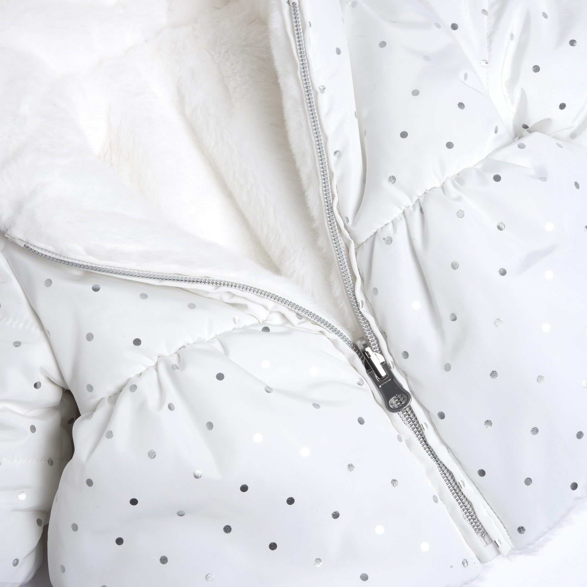 Chicco Abrigo reversible de piel para niña 15 meses 80 cm color blanco lunares plata, Color blanco., 12 Months