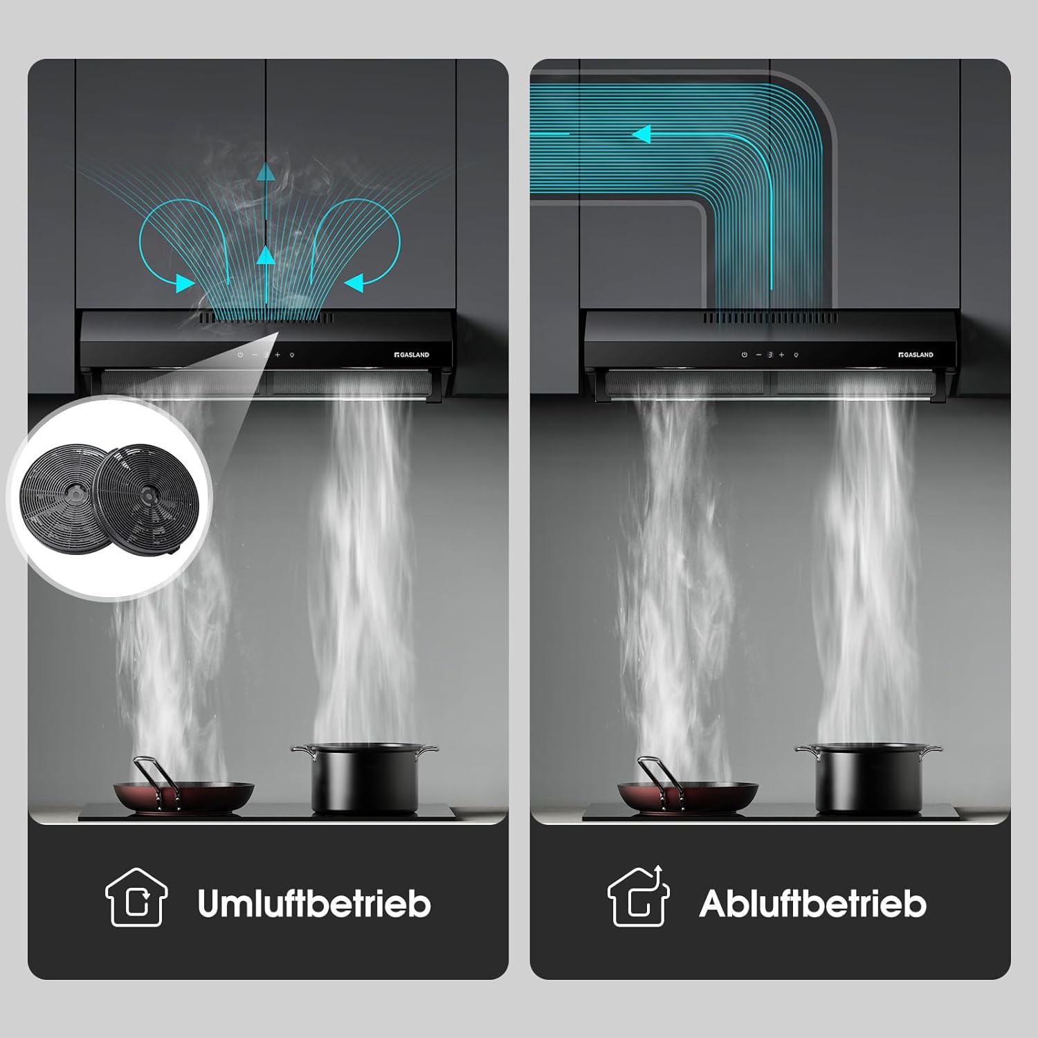 Comparison of recirculation and extraction modes with carbon filter illustration