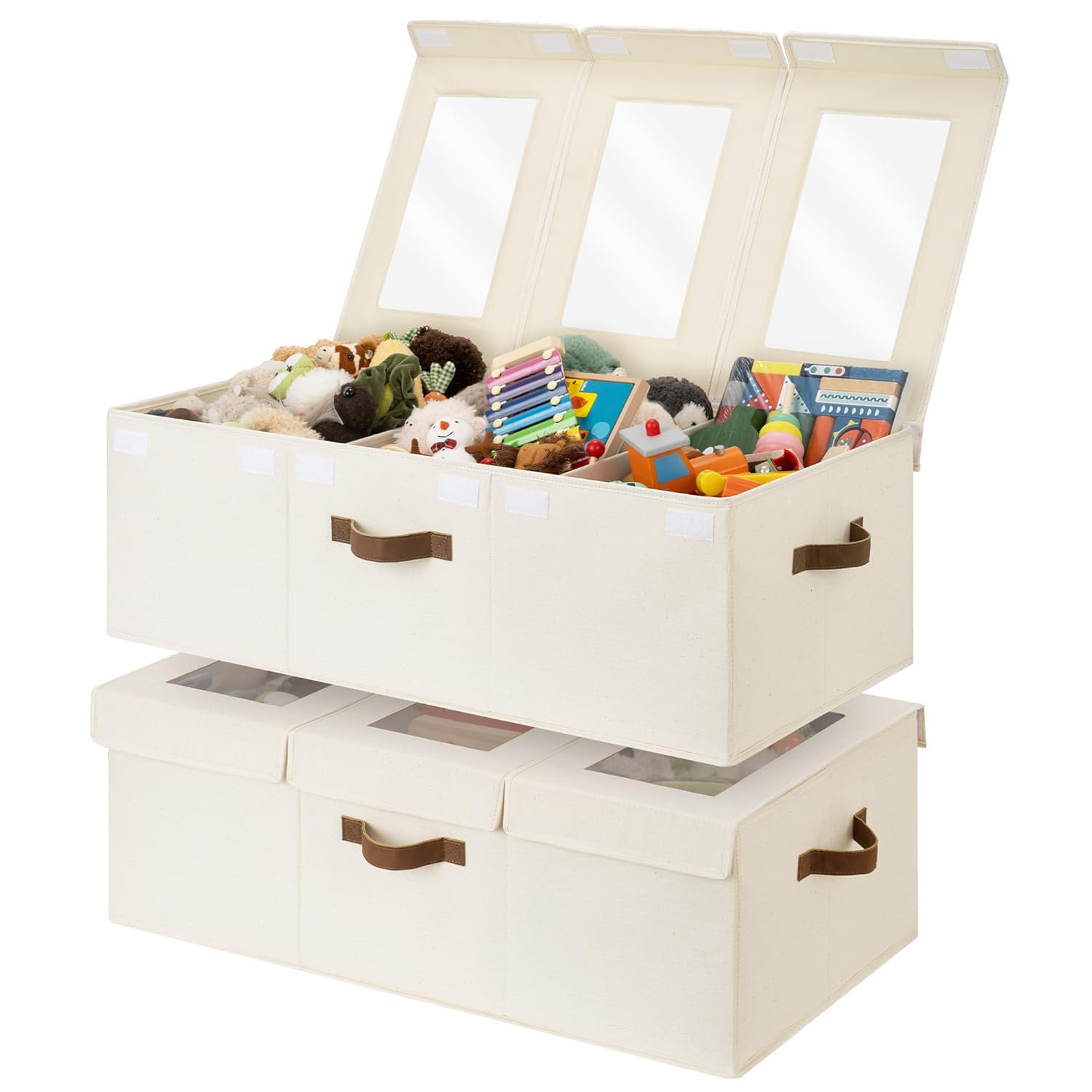 StorageWorks Large Toy Storage Bins with Lids, Collapsible Sturdy Toy Chests, Storage Chests with Dividers for Nursery, Living Room, Playroom, Bedroom, Beige, 2-Pack