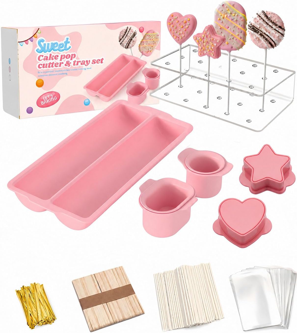 4 Shape Cake Pop Cutter Set, Round Oval Heart Star Mold (pink)