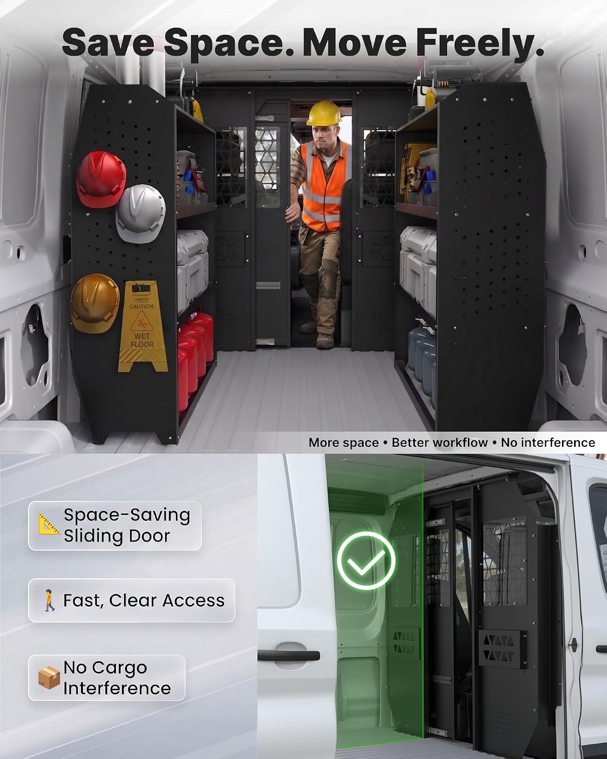 MELIPRON Sliding Van Partition Fit for Ford Transit 150 250 350 (2014-2026) Medium Roof, Heavy-Duty Steel Bulkhead with Locking Door, Space-Saving Cargo Divider for Work Van