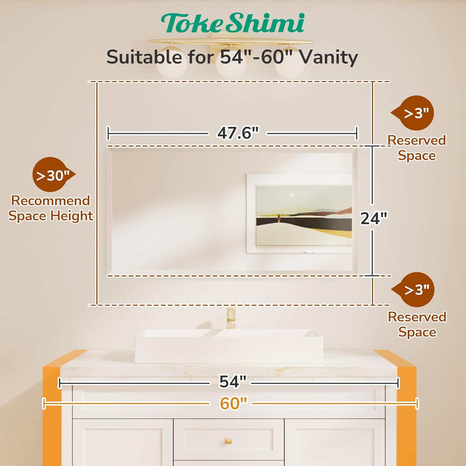 TokeShimi 48x24 Beveled Frameless Bathroom Mirror Decorative, Bathroom Vanity Mirrored with 1" Beveled Edge, Shatterproof Modern Frameless Mirror Rectangle for Living Room, Entryway, Restroom 24"L x 48"W Rectangle-Shaped