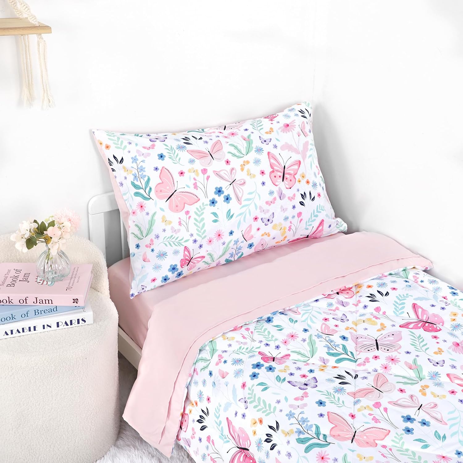 Toddler Bedding Set for Girls 4 Pieces Butterfly, Soft Breathable Toddler Comforter Set, Flower Print, Includes Reversible Comforter, Fitted Sheet and Flat Sheet, Pillowcase