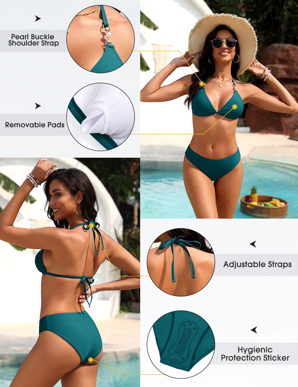 UMIPUBO Mujer Bikini Traje de Baño 2 Piezas Sexy con Triángulo Cuello en V Bañadore Conjunto Brasileño Halter Cintura Baja Tie De Dos Piezas con Perlas Playa La Natacion