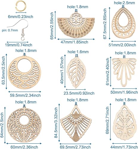 Miniatura 2 de Mega Pet 48 piezas de dijes de madera en blanco sin acabar, aretes huecos de Burlywood grandes, colgantes grandes de hojas y lágrimas, aretes
