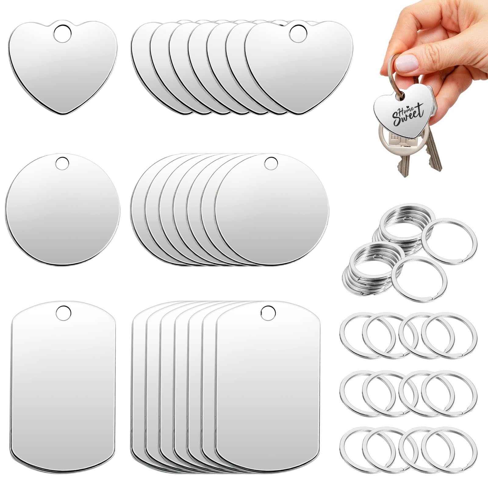 24 Pcs Laser Engraving Blanks, Keyring Blanks Tags with Hanging Holes, for Engraving & Stamping, DIY Keyring Set for Personalised Crafts, Pendant Charms & Dog Tag Projects