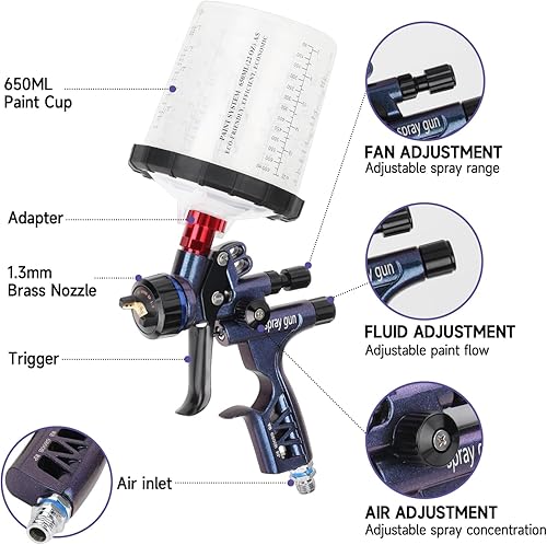 Miniatura 2 de Kit profesional de pistola de pulverización HVLP con boquilla de pulverización de 0.051 in, taza de capacidad de 20.3 fl oz y regulador de aire,