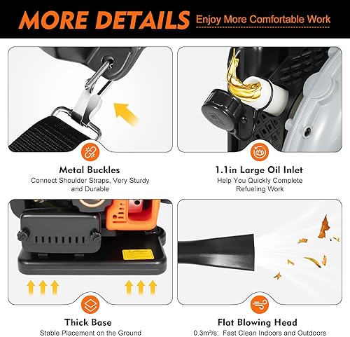 Miniatura 8 de CNCEST Mochila de 2 tiempos de 65 CC soplador de hojas a gas, soplador de césped para césped, sopladores de hojas para limpieza de patio, carretera,