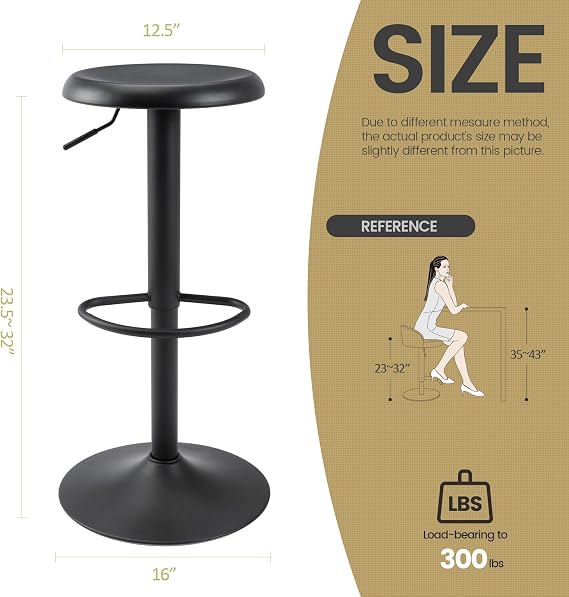 Adjustable Bar Stool, Swivel Round Metal Airlift Backless, 1 pc Black
