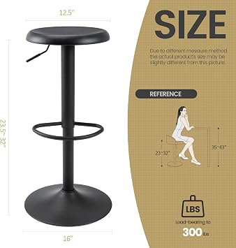 Adjustable Bar Stool, Swivel Round Metal Airlift Backless, 1 pc Black