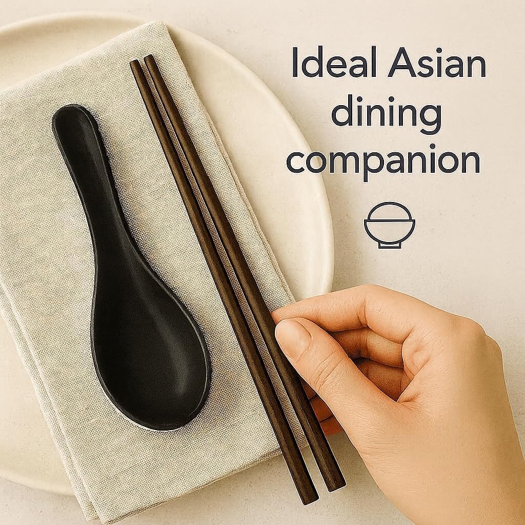 Asian Soup Spoons Set - Durable Melamine Spoon for Ramen,Miso, Japanese & Chinese Soups - Comfortable Grip, Dishwasher Safe & Long-Lasting | One Set/ 6PCS (black)