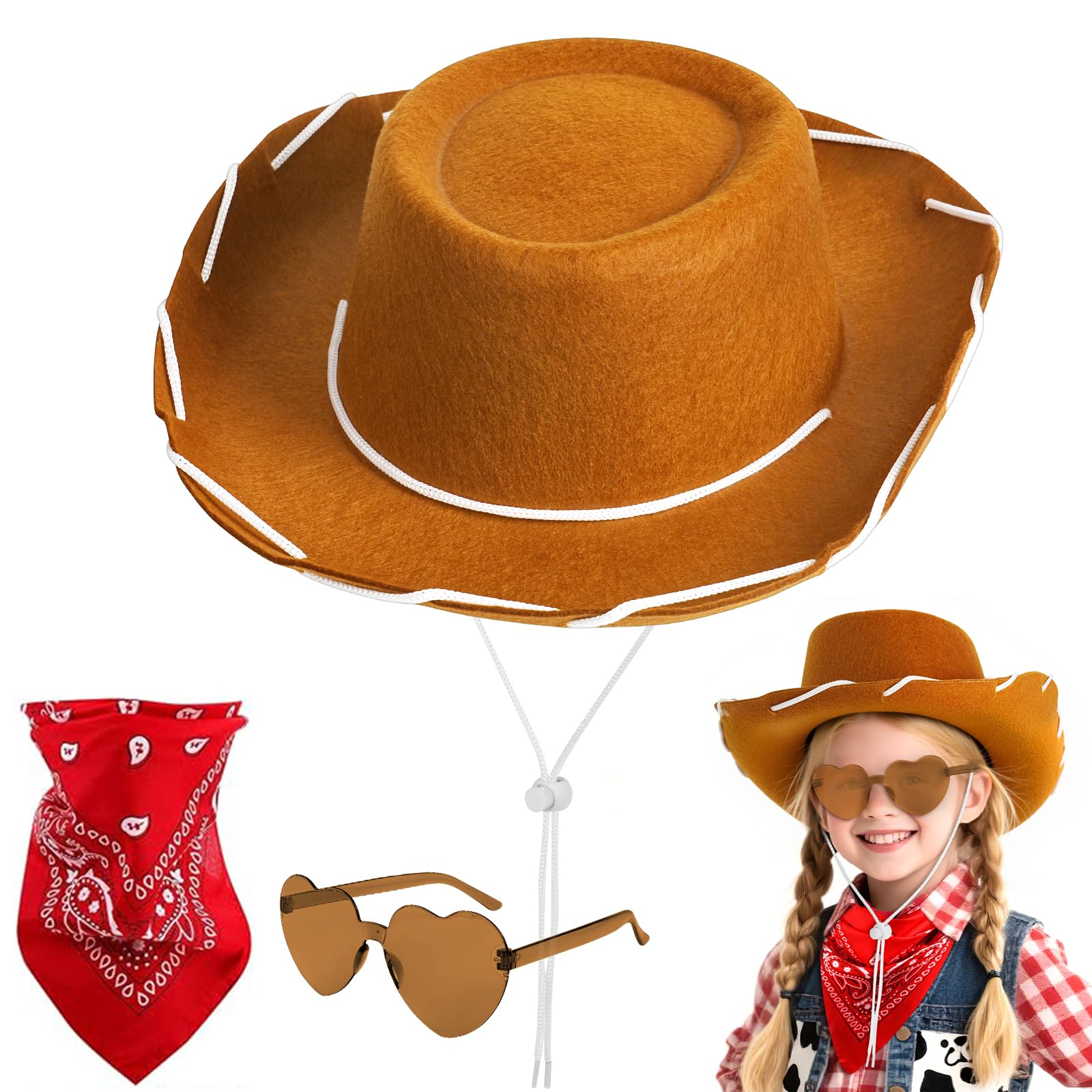 AUYAO CowboyHut Kinder Fashion Westernhut Jungen Cowboyhüte Mädchen Cowgrilhut Rockstar Randlose Hippie Herzförmige Brille Halstuch Wilder Westen Party Brillen Geburtstagsfeier Fasching Karneval Party