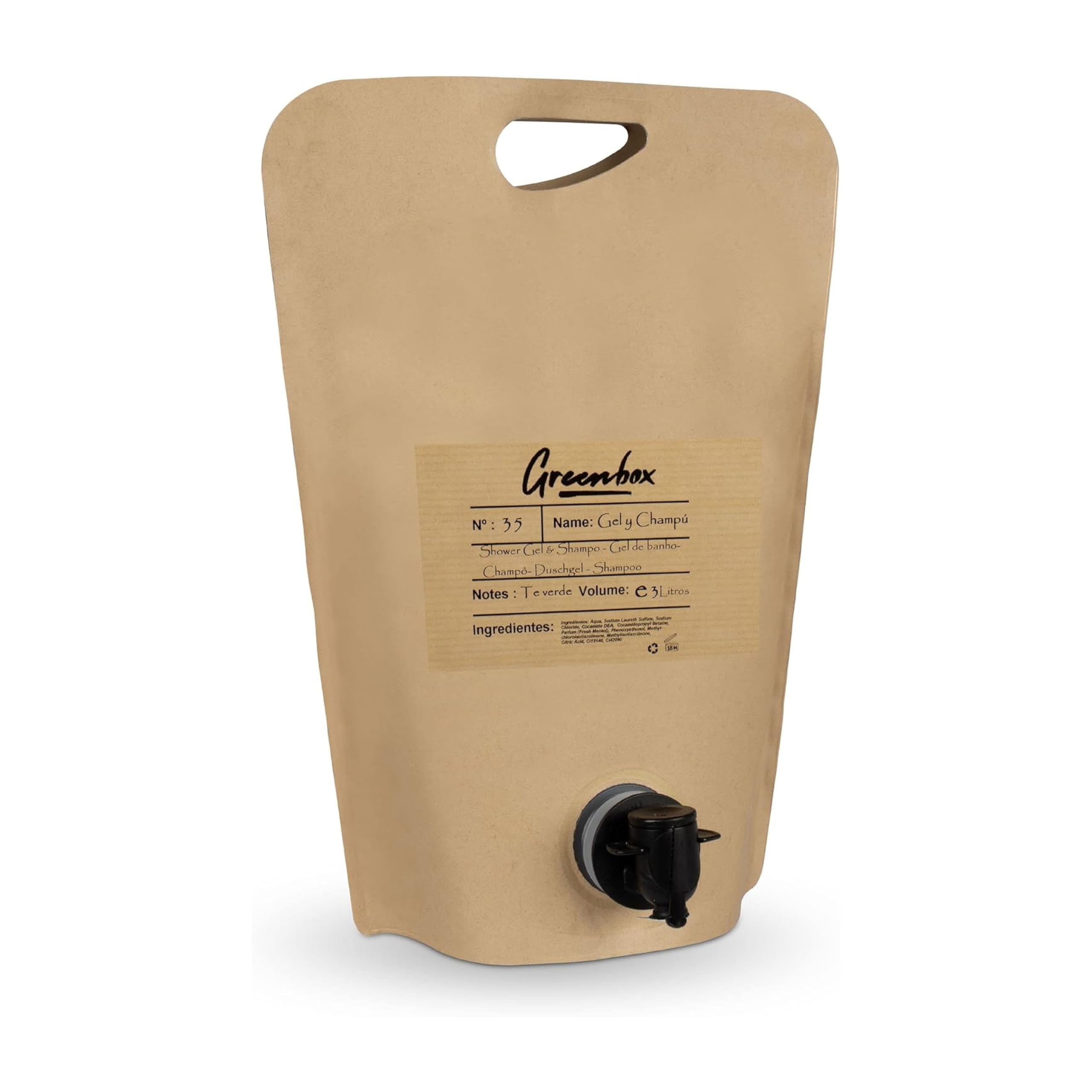 Ricarica gel e shampoo in "bag in box" BIO - Gel doccia e shampoo 2in1 con aroma di tè verde, 3L. Imballaggio ecologico e maniglia per il trasporto. Risparmia denaro e aiuta l'ambiente.