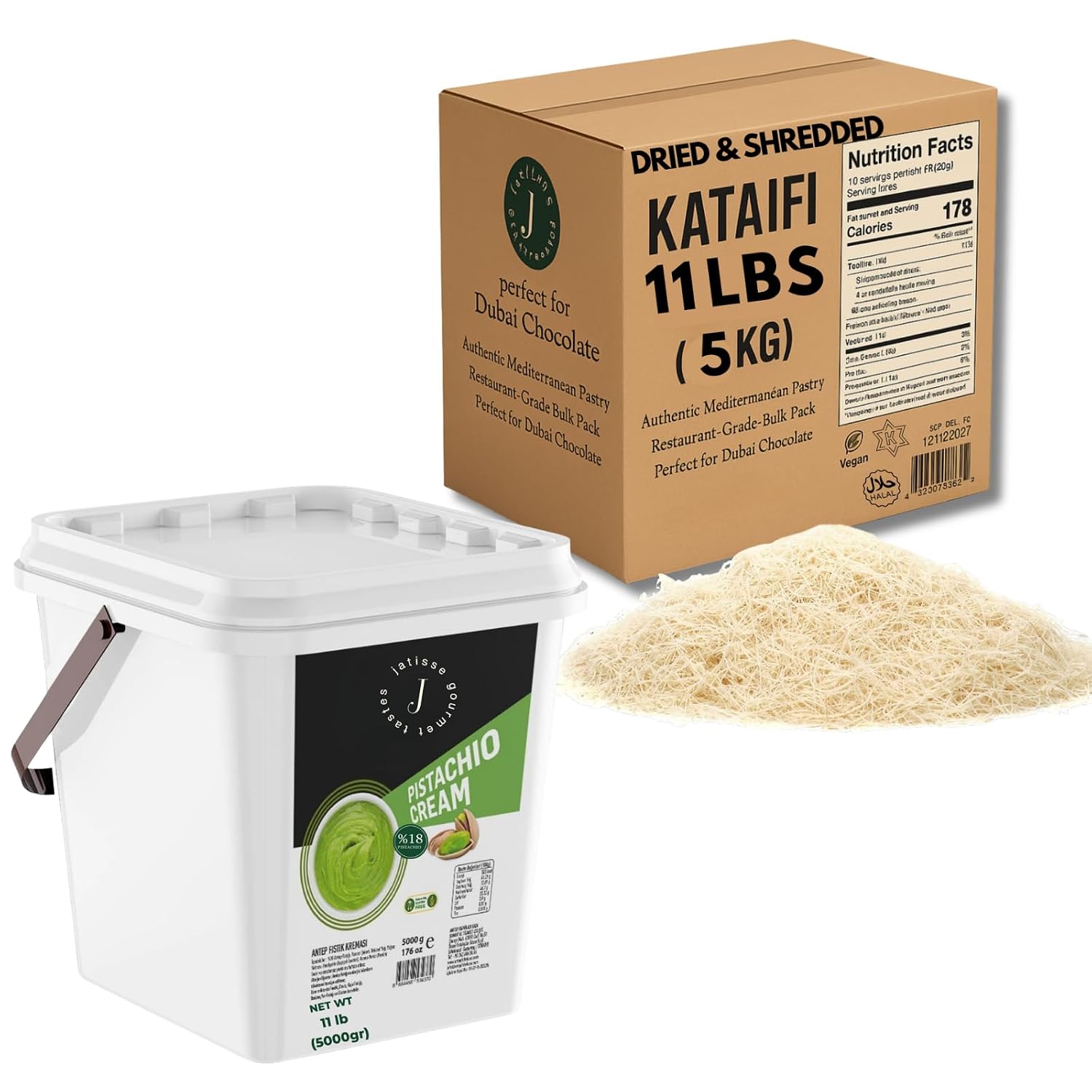 Dubai Chocolate Bar Kit Bulk – 11 lb Premium Dried Kataifi + 11 lb (5 kg) Pistachio Cream – Commercial Size for Kunafa, Knafeh, Bakery & Dessert Production