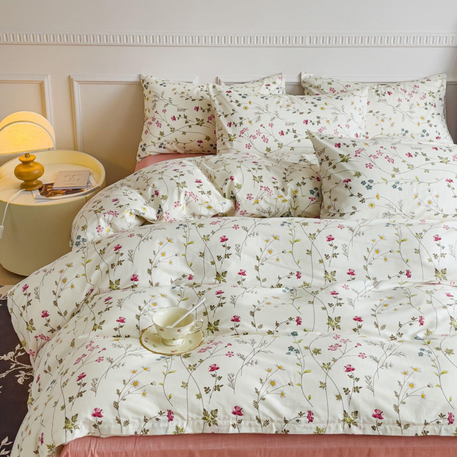 Freyamy Blumen Bettwäsche 135x200 Baumwolle Beige Rosa Bunt Floral Bettwäsche-Sets Mädchen Blumenmuster ÖKO-TEX Bettbezug 1 Deckenbezug mit Reißverschluss und Kissenbezug 80x80cm