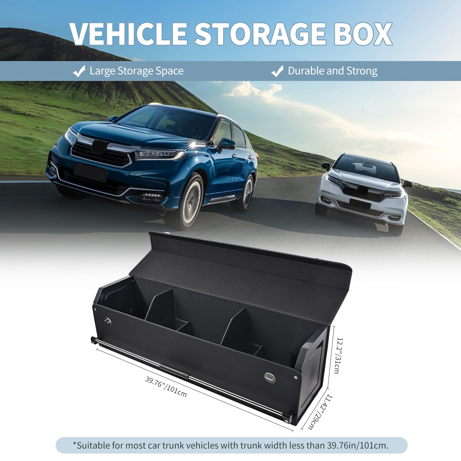 Organizer Bagagliaio Auto, in pelle impermeabile, con coperchio e manico stabile, vano portaoggetti per imballaggio, accessori SUV/Organizer Auto(nero, 101 * 29 * 31cm)