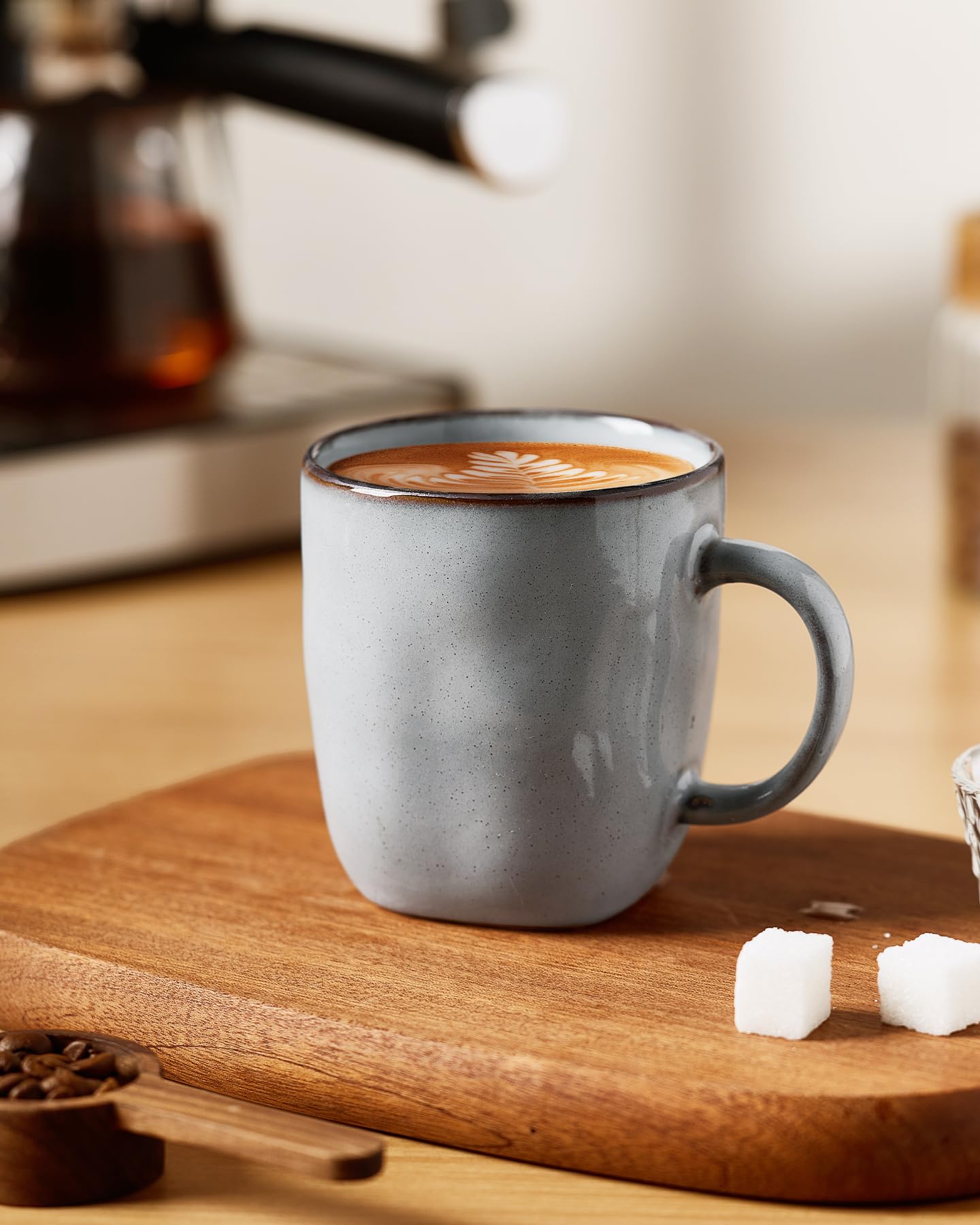 famiware Lot de 4 tasses à café carrées de 370 ml avec poignée pour cacao, lait, chocolat chaud, thé, eau, grès pour cuisine, micro-ondes et lave-vaisselle, gris