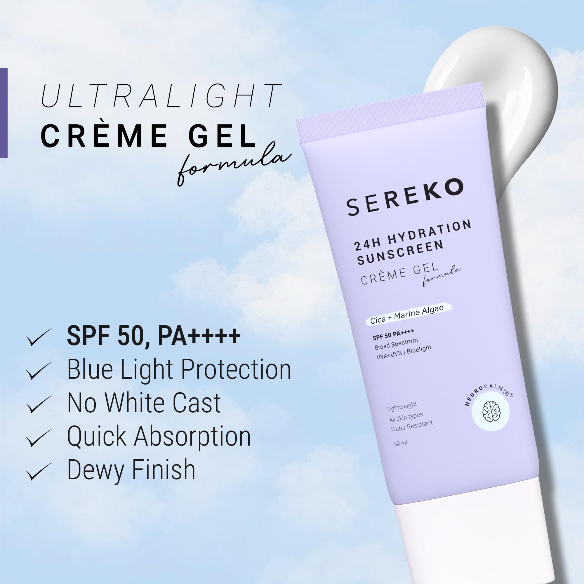 SEREKO Sunscreen SPF 50 PA++++ Crème Gel | Zero White Cast, Blue Light + UVA/UVB Protection | Quick Absorbing, Non-Greasy, 24H Hydration | For Men & Women | All Skin Types – 100 ml (Pack of 2) 1