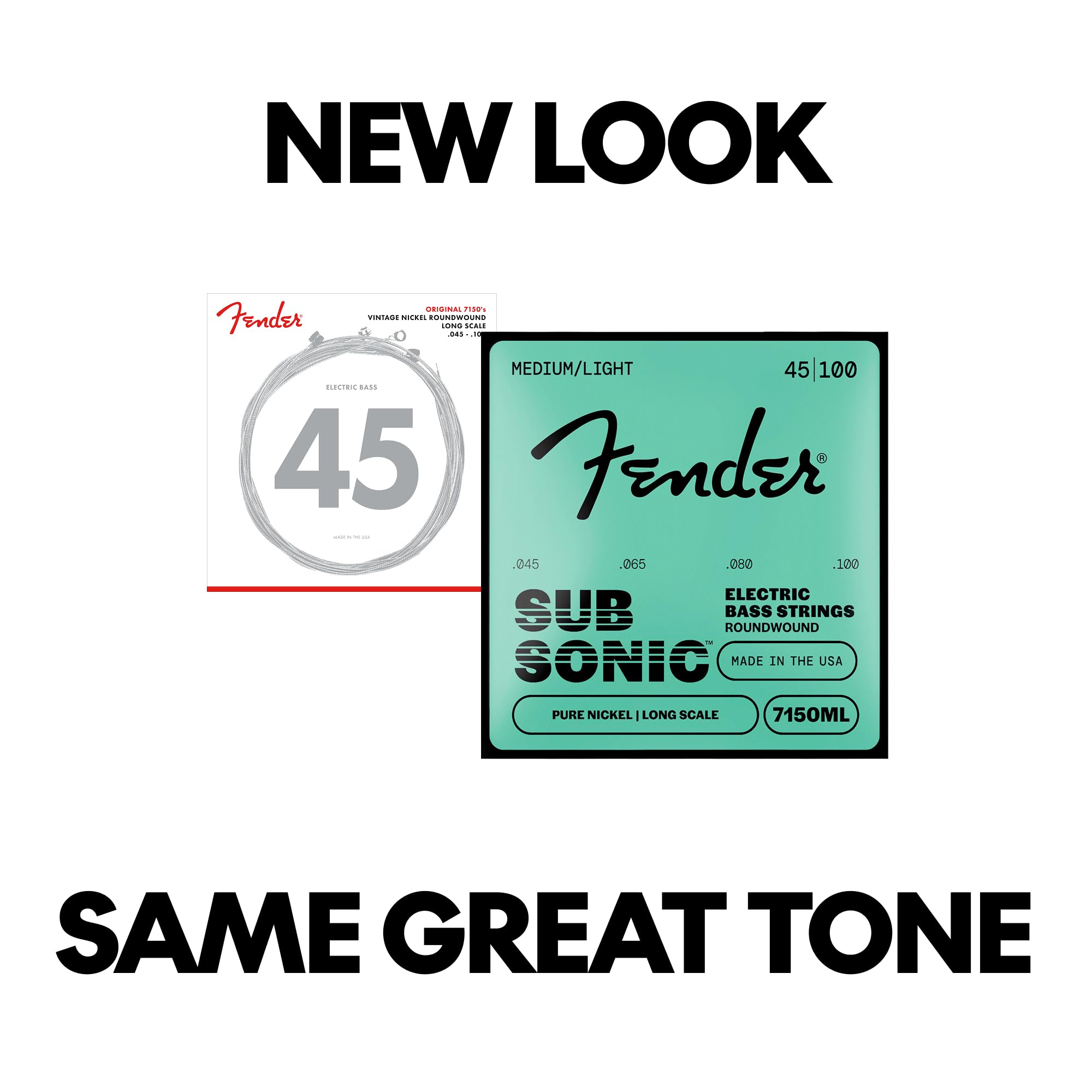 Fender Original 7150 Bass Strings, Pure Nickel, Roundwound, Long Scale, 7150ML .045-.100 Gauges, (4)