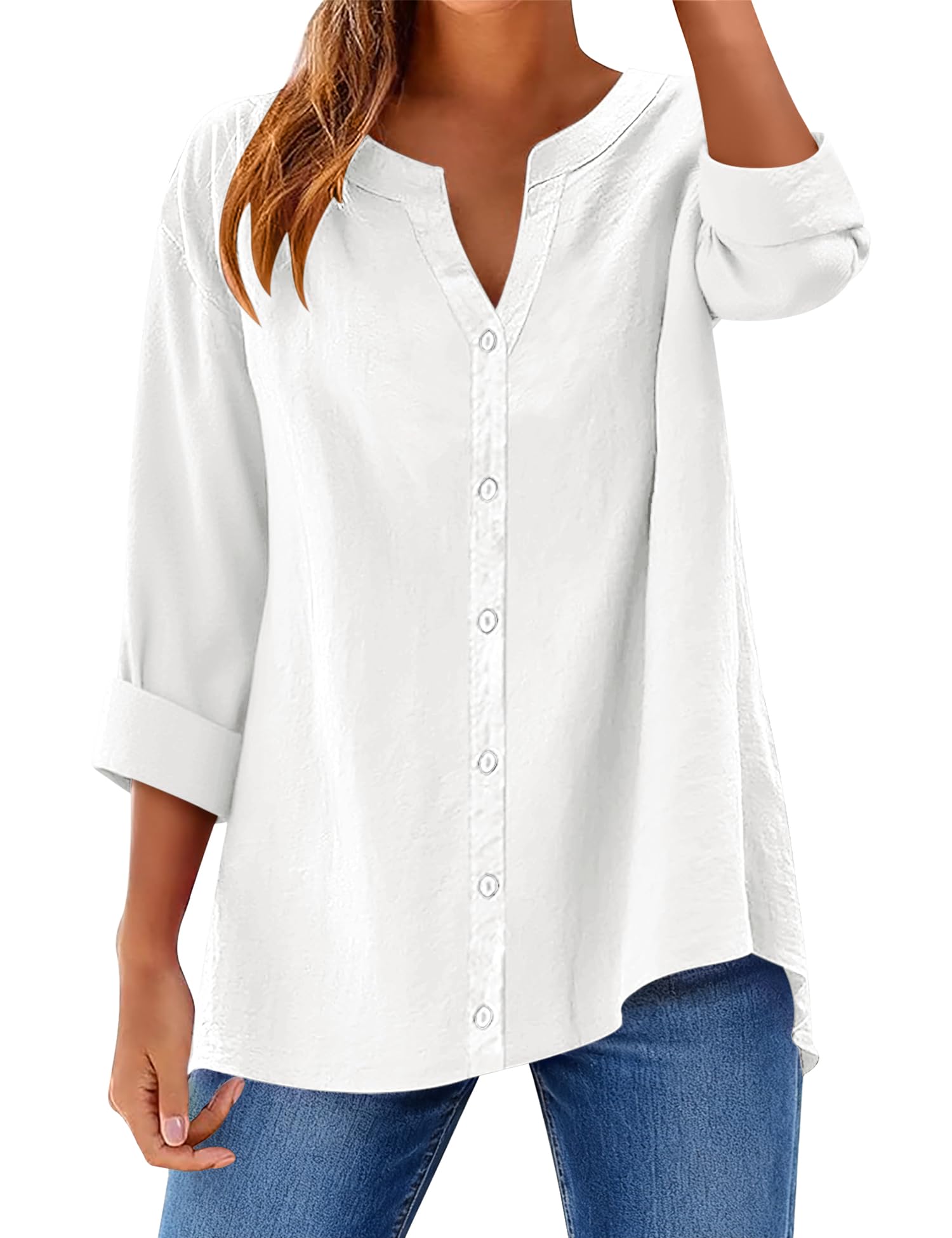 Rapbin Bluse Damen Elegant Baumwolle V-Ausschnitt Hemdbluse Langarm Button Down Lose Langarmshirt Einfarbig Oberteile Blusenshirt