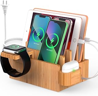 Bamboo Charging Station for Multiple Devices (Included 5 Port USB Charger, 6 Pack Charge & Sync Cable, Watch&Earbuds Stand), Electronic Device Desktop Organizer for Cellphone, Tablet, Watch, Earbuds