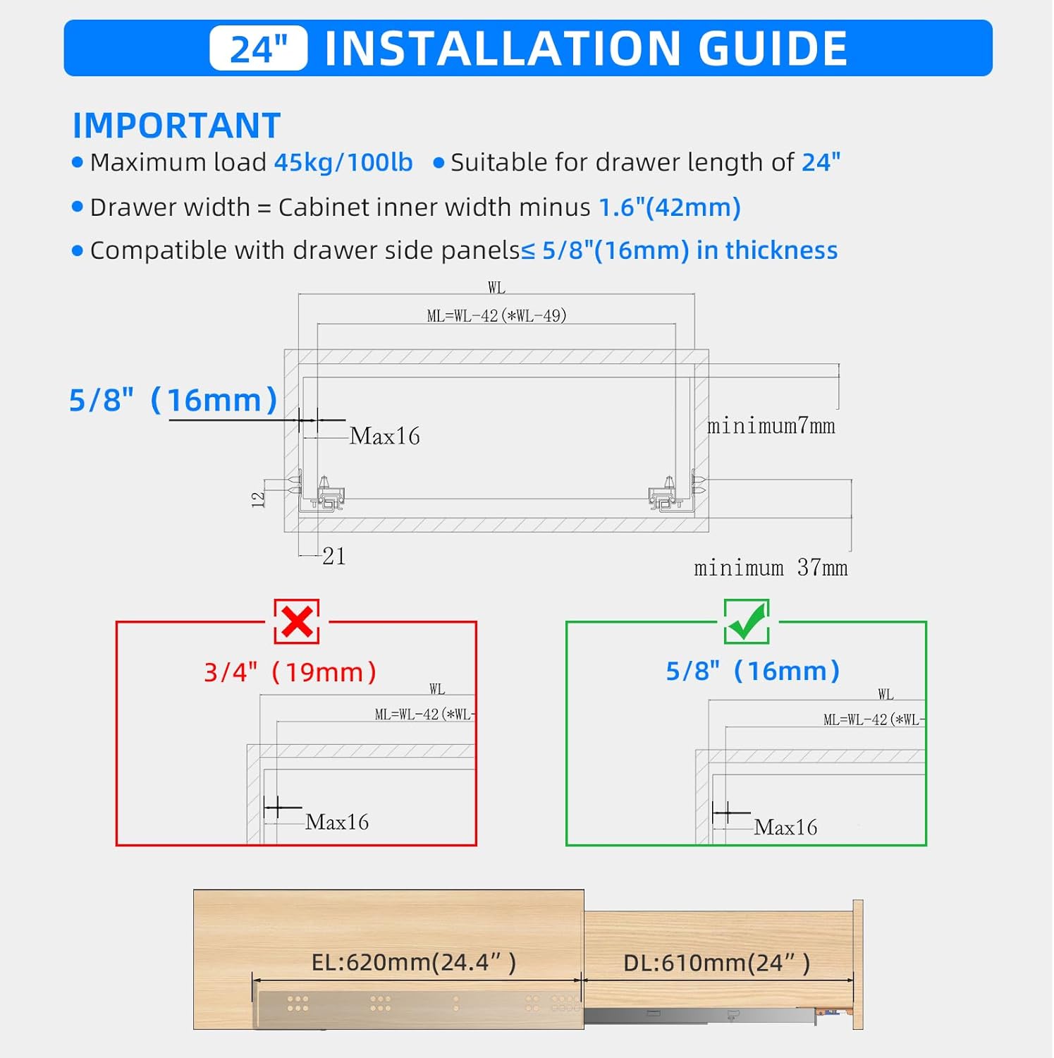 24 inch soft close undermount drawer slides, full extension, 100 lbs heavy duty, concealed rails with rear mount brackets for 5/8" side thickness, face frame or frameless application (1 pair)