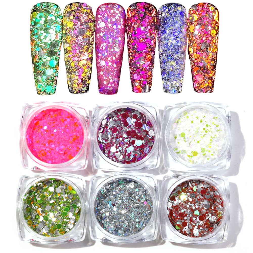 6 Colors Nail Art Glitter Reflective Nail Powder Glitter Iridescent Nail Glitter Flakes Sequins Shining Sparkle Powder Pigment Glitter for Nail Art Manicure Decoration Home DIY Salon