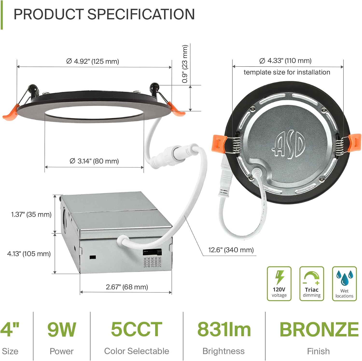 ASD 6 Pack LED Recessed Lighting 4 Inch 9W, 5 CCT 2700K-5000K CRI90+, IC Rated Ultra Thin Dimmable Ceiling Lights with J Box, Canless Wafer Downlight, Round Slim Panel Light, Energy Star ETL, Bronze
