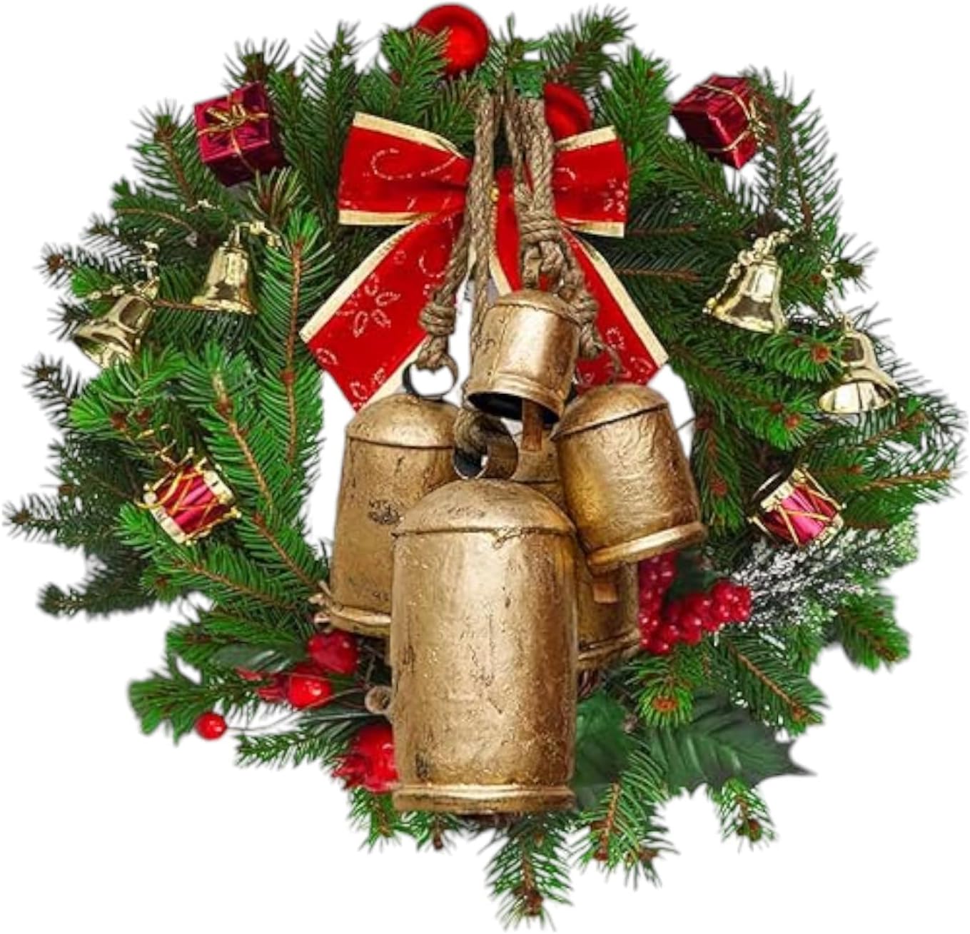 Set of 5 Large XXL Farmhouse Bells - Vintage Style Harmony Shabby Chic Rustic Cow Bells for Christmas Decor - Gold on Rope - Decorative Hanging Ornaments