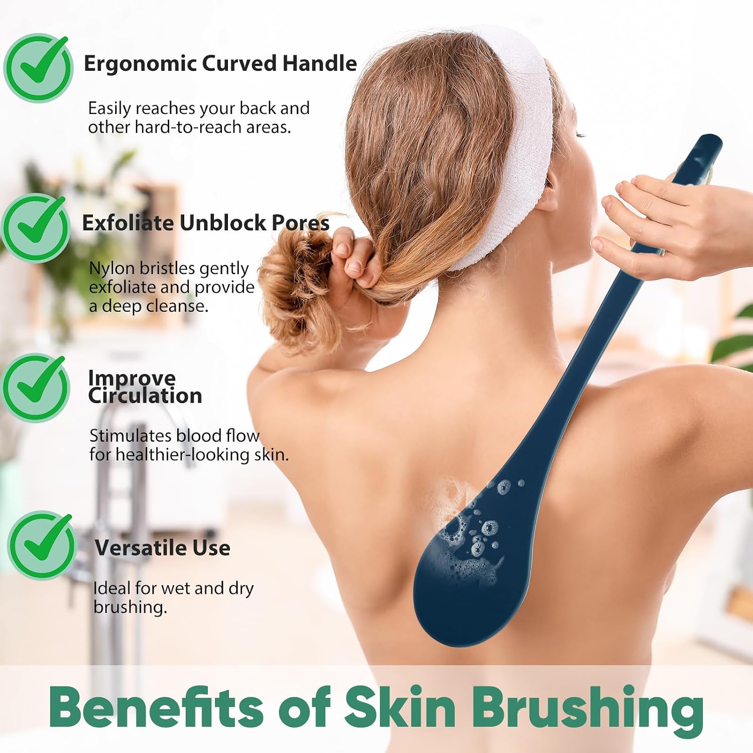 Back Scrubber for Shower, 17-Inch Shower Brush for Men and Women, Long Handle Exfoliating Body Brush, Medium Bristle Stiffness for Dry or Wet Brushing (Navy Blue)