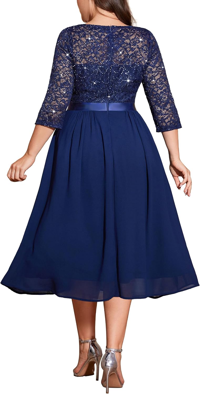 MISSMAY Women's Plus Size Sequins Lace Sleeves V-Neck Midi A-Line Cocktail Dresses - Image 2